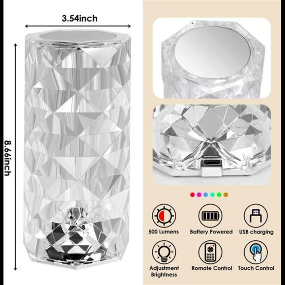 Crystal Table Lamp, Rose Lamp with Touch Remote Control, 16 Color Changing - Picture 5 of 6